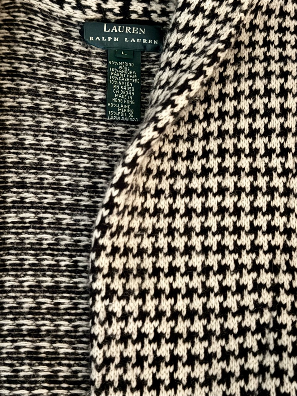 Lauren Ralph Lauren Cashmere Angora Wool Blend Houndstooth Cardigan / Size Large